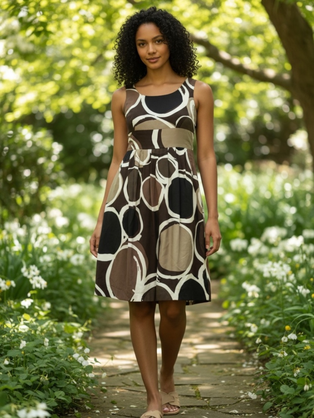 Banana Republic Size 4 Brown Cream Graphic Print Fit & Flare Dress
